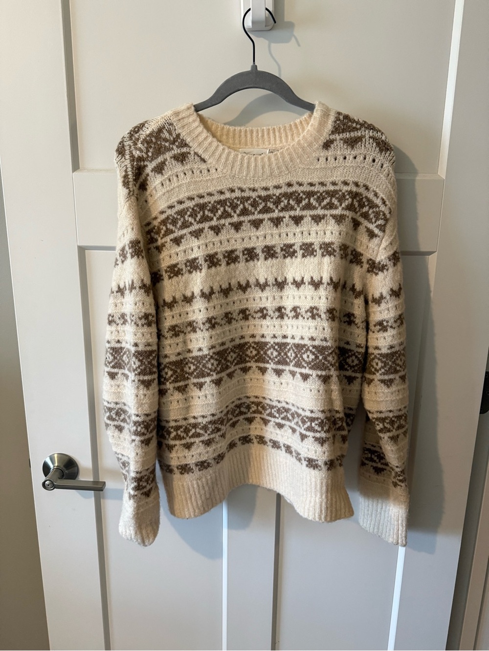 Cozy Cream and Brown Patterned Crewneck Sweater - Women